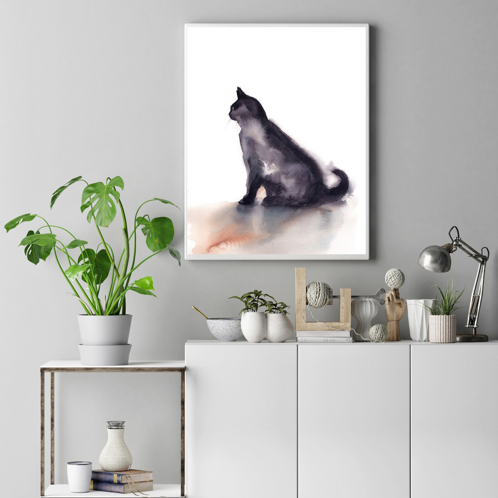 Cat Wall Art Minimalist Watercolor Print Black Cat - Etsy