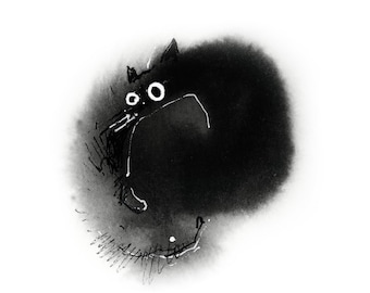 Fluffy Black Cat Wall Print, Black and White Cat Watercolor Painting Art, Wall Art Print, BW Wall Decor, Cat Illustration, Funny Cute Cat