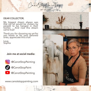 May include: An abstract painting with neutral tones is held by a person. The artwork features a portrait-style image with soft, blended colors. The image also includes text that reads "CanotStopPainting art studio" and social media handles.