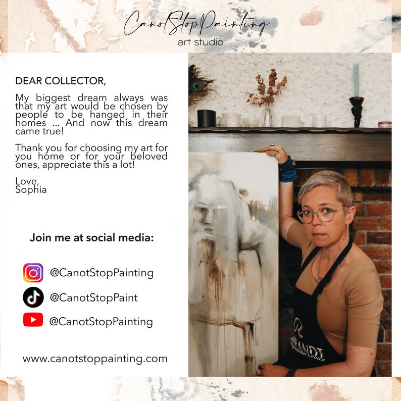 May include: An abstract painting with neutral tones is held by a person. The artwork features a portrait-style image with soft, blended colors. The image also includes text that reads "CanotStopPainting art studio" and social media handles.