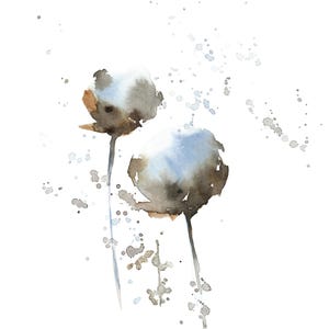 Cotton Buds Fine Art Print, Cotton Florals Watercolor Painting, Light Blue Brown Botanical Wall Decor, Cotton Flowers Art Print, Pastel Art