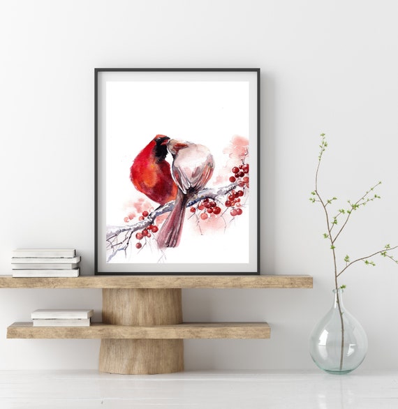 The Kiss Cardinal Birds Couple Painting Print Red Birds | Etsy