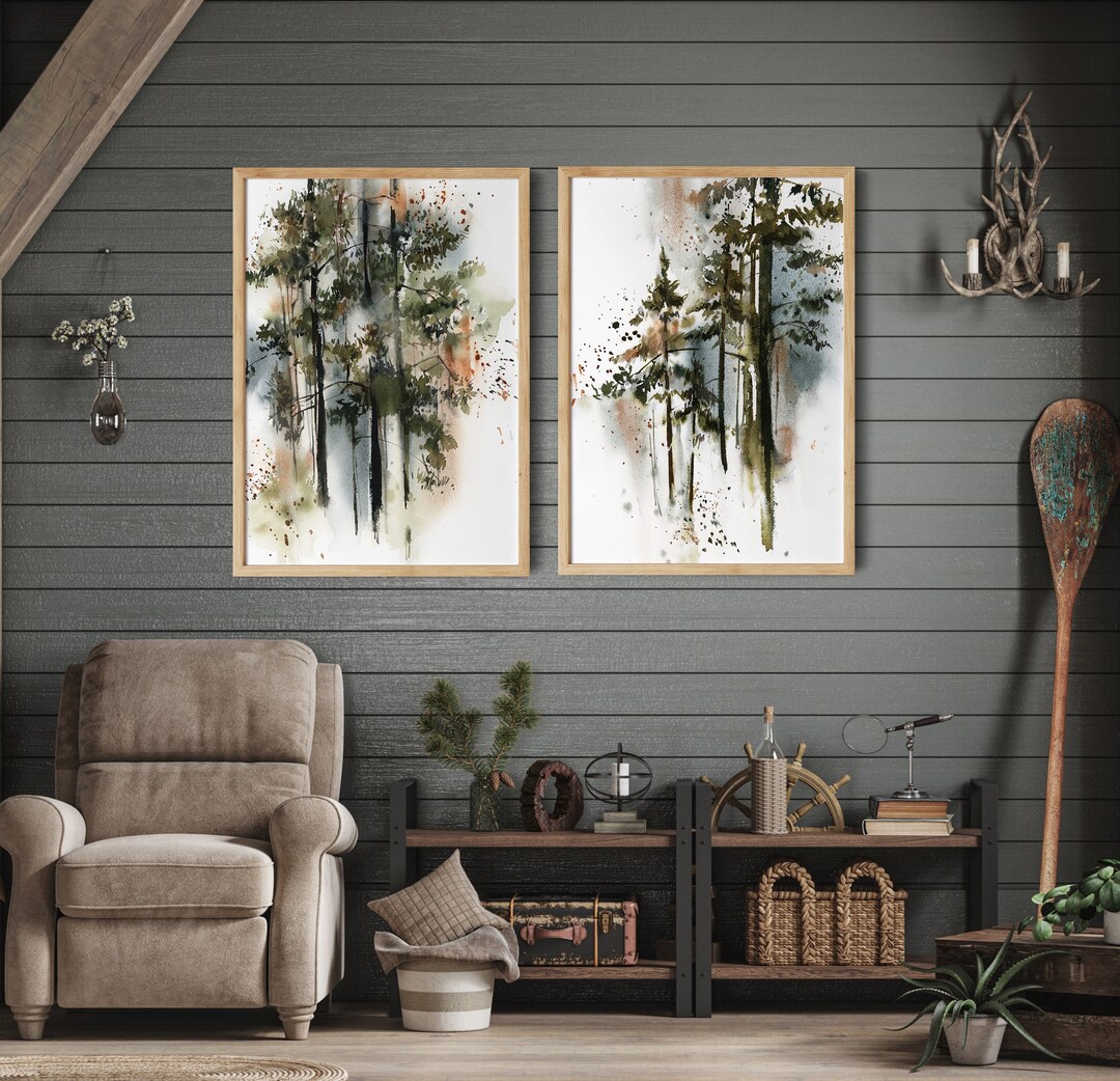 Pine Forest Set of 2 Wall Art Prints, Trees Watercolor Painting ...