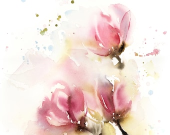 Pink Magnolia Fine Art Print, Spring Flowers Painting, Blooming Tree Watercolor Print, Florals Wall Decor