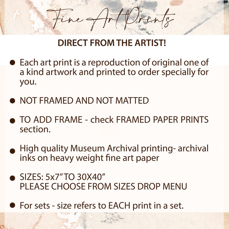 K&ouml;nnte beinhalten: Ein Bild mit dem Text "Fine Art Prints" und "DIRECT FROM THE ARTIST!". Der Text besagt auch, dass jeder Kunstdruck eine Reproduktion eines Originalkunstwerks ist, nicht gerahmt oder mattiert, und in Gr&ouml;&szlig;en von 12,7 cm x 17,8 cm bis 76,2 cm x 101,6 cm erh&auml;ltlich ist.
