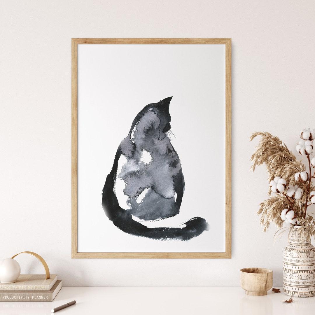 Cat Silhouette Art Print, Minimalist Black and White Fine Art Print ...