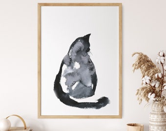 Cat Silhouette Art Print, Minimalist Black and White Fine Art Print, Cat Watercolor Painting, Cat Wall Decor, Minimal Cat, Black Cat Decor