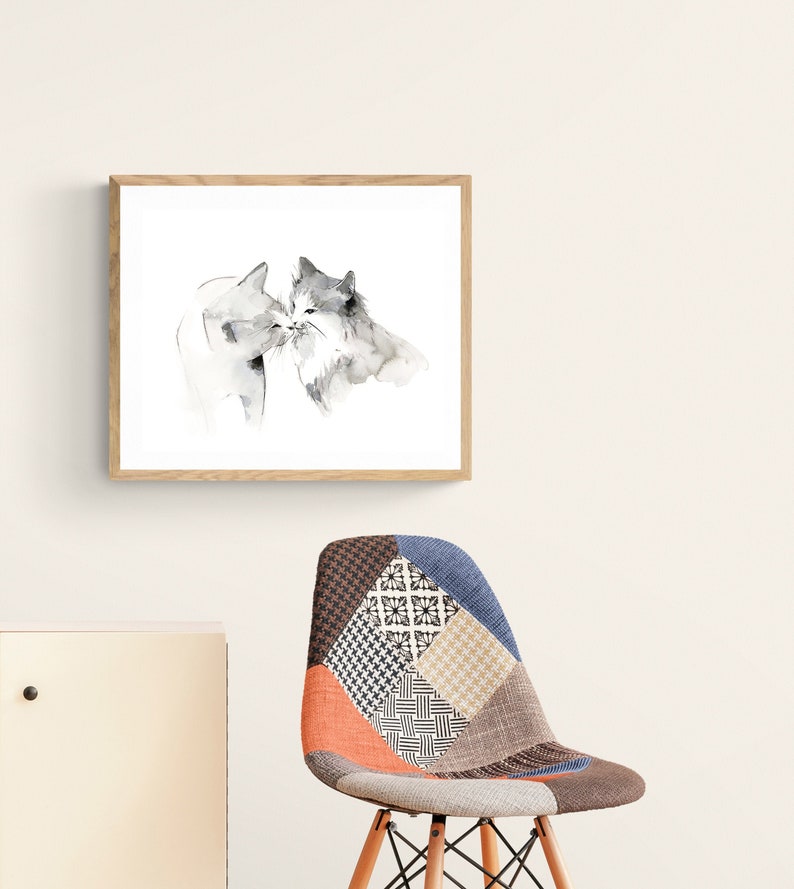 Der Kuss Katzen Malerei Kunstdruck Minimal graue und weiße | Etsy