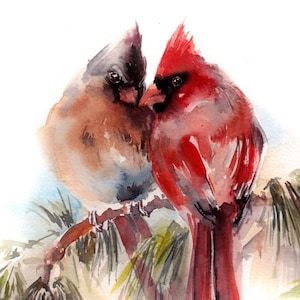Cardinal Painting, Cardinal Birds Wall Fine Art Print, Watercolor Birds, Red Cardinals Love Prints, Christmas Wall Art, Holiday Decor Gift
