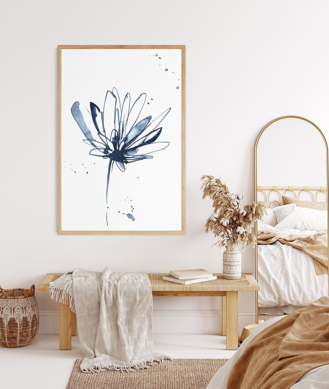 Abstract Watercolor, Navy Blue Flower, Art Print, Watercolor Painting, Minimalsit Art Print