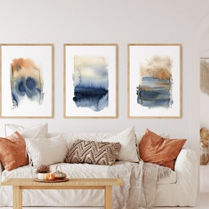 Abstract Landscape, Living Room Wall Art, Blue Terracotta Prints Set of 3, Watercolor Prints, Abstract Nature Set, Minimalist Wall Decor