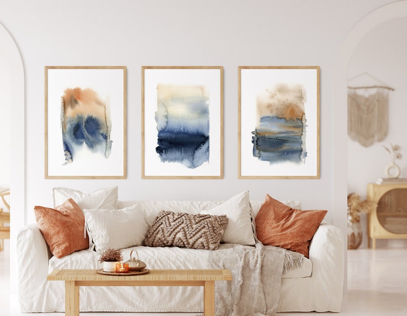 Abstract Landscape Living Room Wall Art Blue Terracotta Etsy