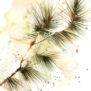May include: Watercolor painting of a pine branch with green needles and a brown stem. The background features soft, blended washes of yellow, beige, and brown, with scattered dark speckles. The artwork has a natural, botanical theme.
