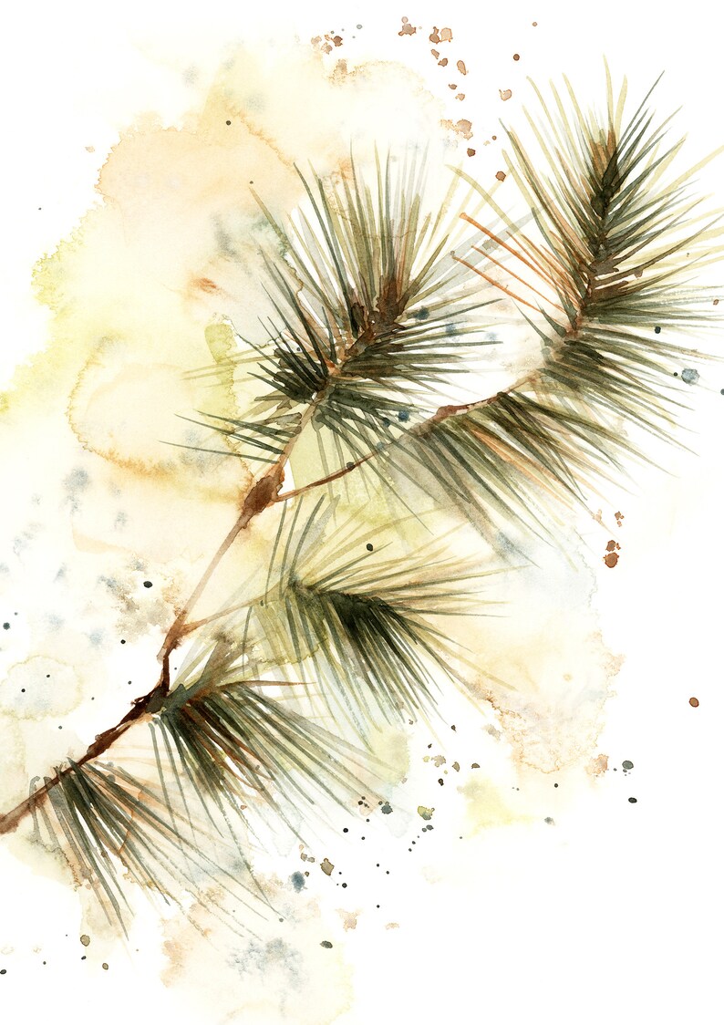 May include: Watercolor painting of a pine branch with green needles and a brown stem. The background features soft, blended washes of yellow, beige, and brown, with scattered dark speckles. The artwork has a natural, botanical theme.