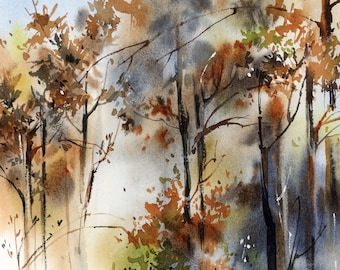 Forest Fine Art Print, Landscape Trees Watercolor Painting, Abstract Nature Woodland Wall Decor
