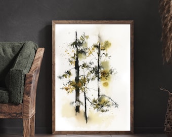 Pine Trees Art Print, Forest Watercolor Painting, Nature Forest Wall Decor Art Print