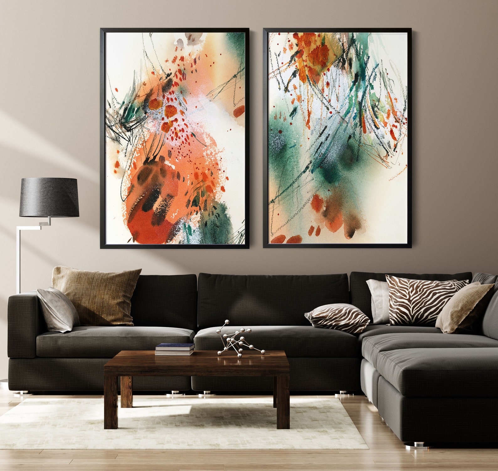 Abstract Fine Art Prints 2 Pieces Wall Decor Set in Emerald Green and
