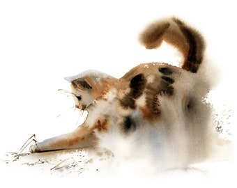 Cat Watercolor Painting, Cat Art Print, Playing Cat Wall Art, Brown and Natural Earthy Colors, Cat Art, Cat Wall Decor, Watercolor Print