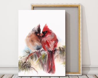 Cardinal Painting, Cardinal Birds Wall Fine Art Print, Watercolor Birds, Red Cardinals Love Prints, Christmas Wall Art, Holiday Decor Gift