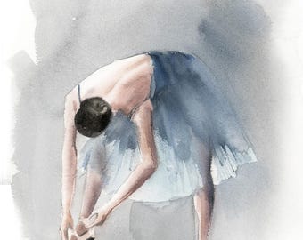 Ballerina Fine Art Print -  Blue Gray Ballet Dance Wall Decor, Ballerina Watercolor Painting