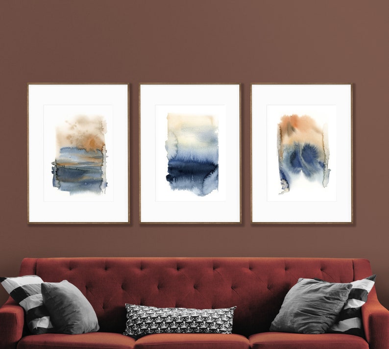 Abstract Landscape Living Room Wall Art Blue Terracotta Etsy