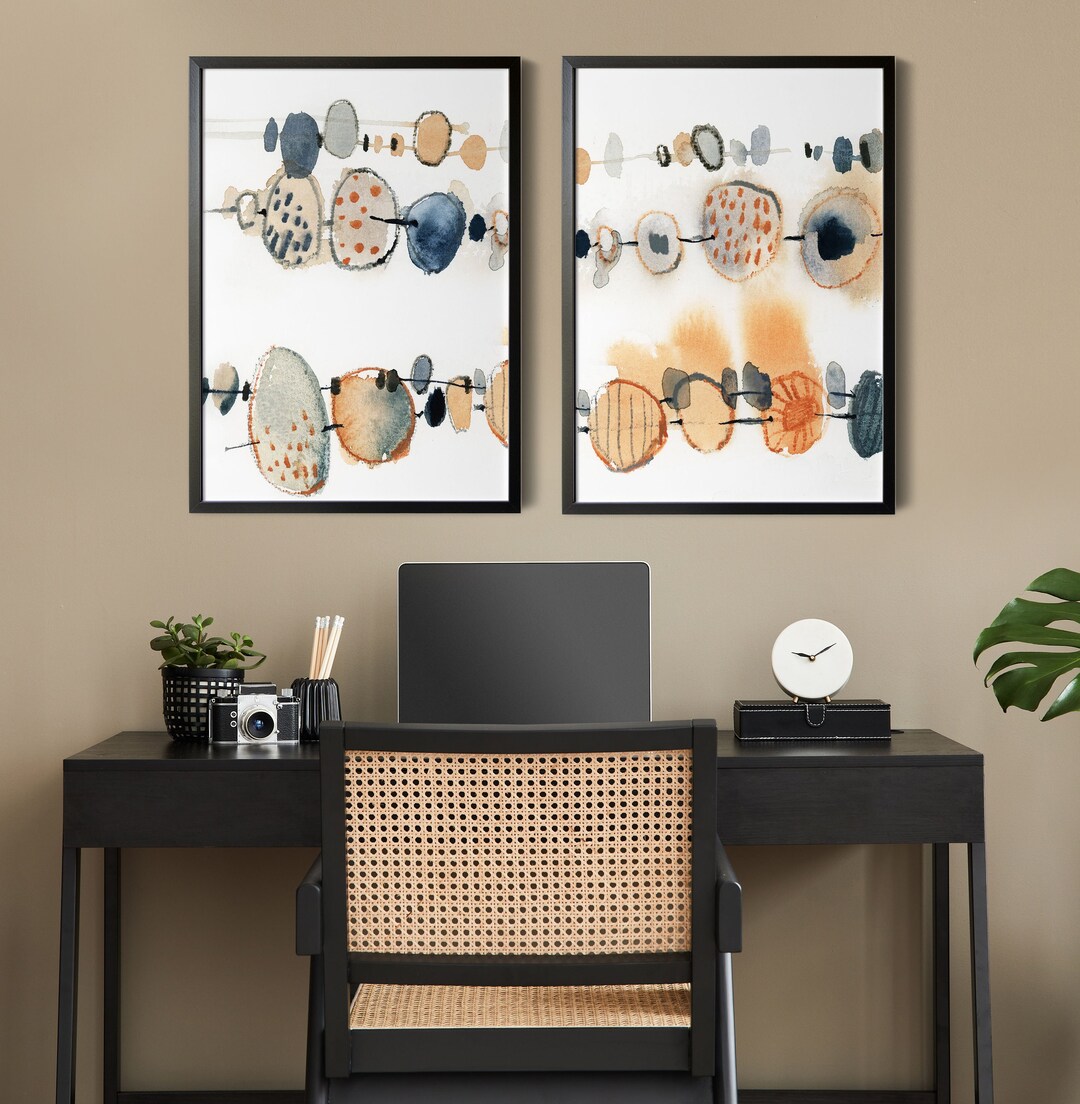 Abstract 2 Pieces Wall Art Prints Set Blue and Earthy Orange Colors