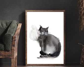 Black Cat Painting, Cat Silhouette Art Print, Black and White Art Print, Watercolor Cat, Minimalist Wall Art Print, Witchy Cat Wall Art