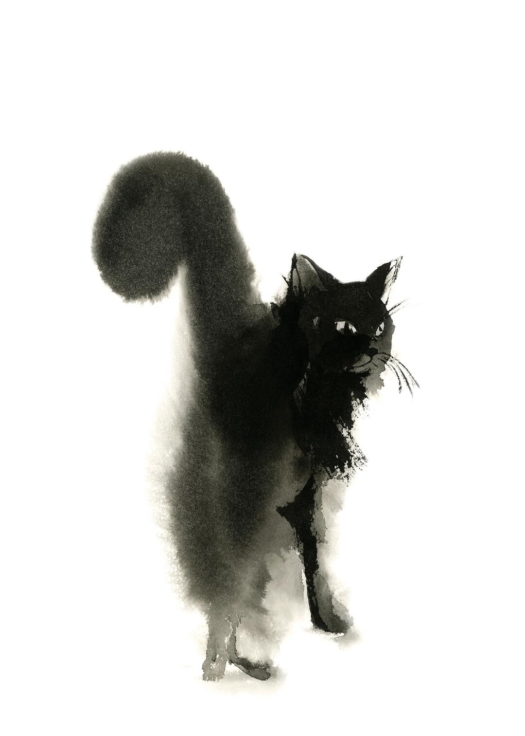 Black Cat Fine Art Print - Cat Watercolor Painting, Minimalist Black ...