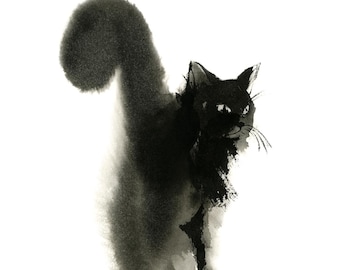 Black Cat Fine Art Print - Cat Watercolor Painting, Minimalist Black and White Cat Illustration Wall Decor