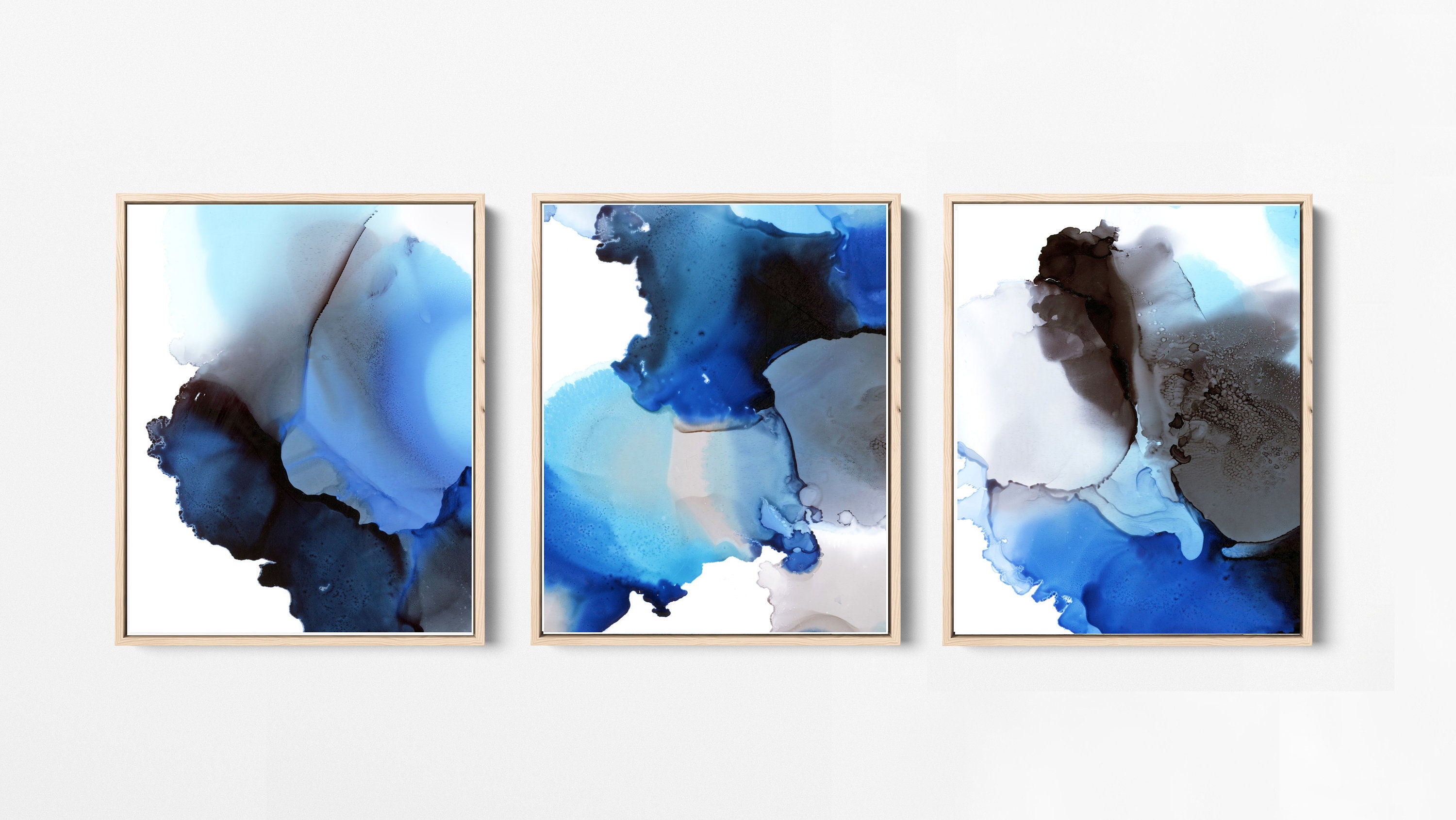 Abstract painting in blue black art prints set gallery wall | Etsy