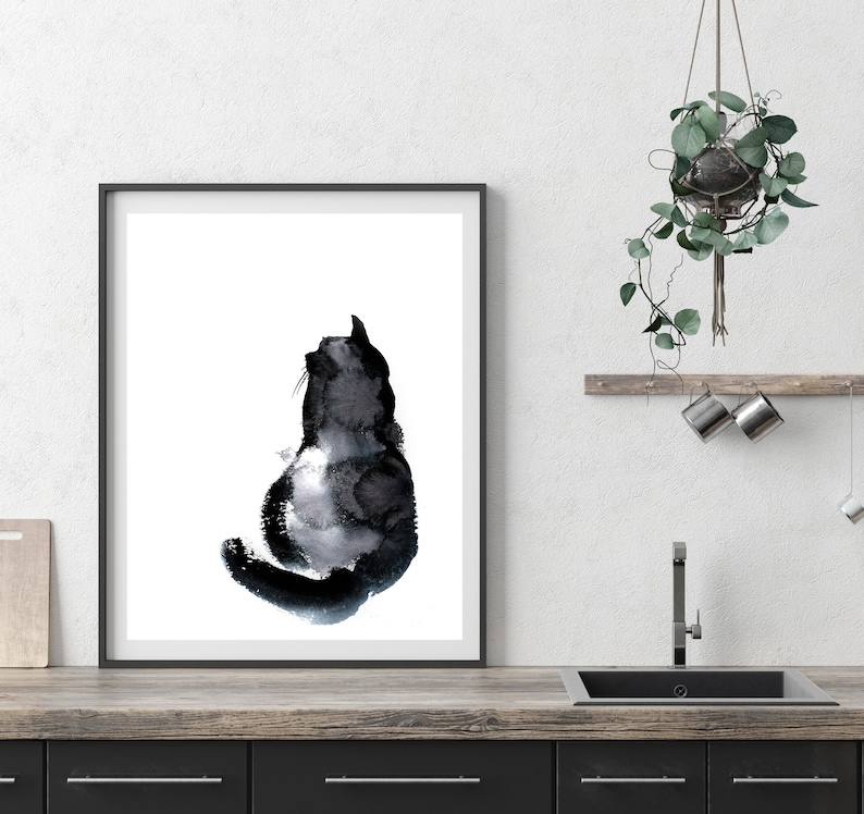 Black Cat Painting Minimalist Cat Art Print Fine Art Print Etsy