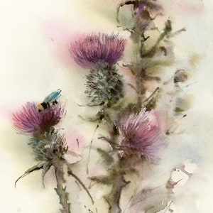 Thistle Art, Thistle Flowers Painting, Pink Florals Wall Art, Watercolor Art Painting, Floral Art Print, Flowers Wall Art, Large Floral Art