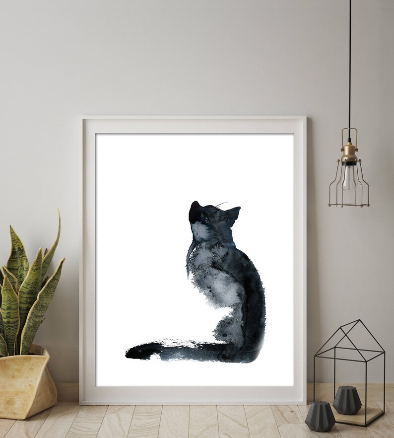 Cat Painting Black and White Fine Art Print, Cat Watercolor Print ...