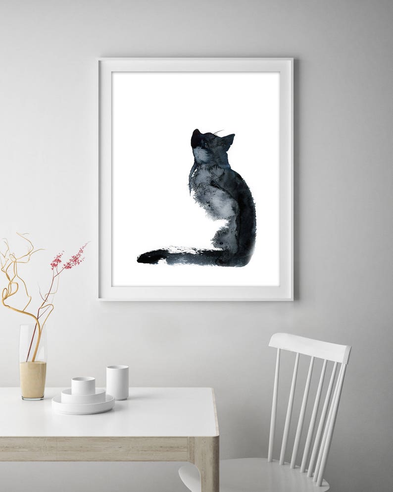 Cat Painting Black and White Fine Art Print Cat Watercolor Etsy