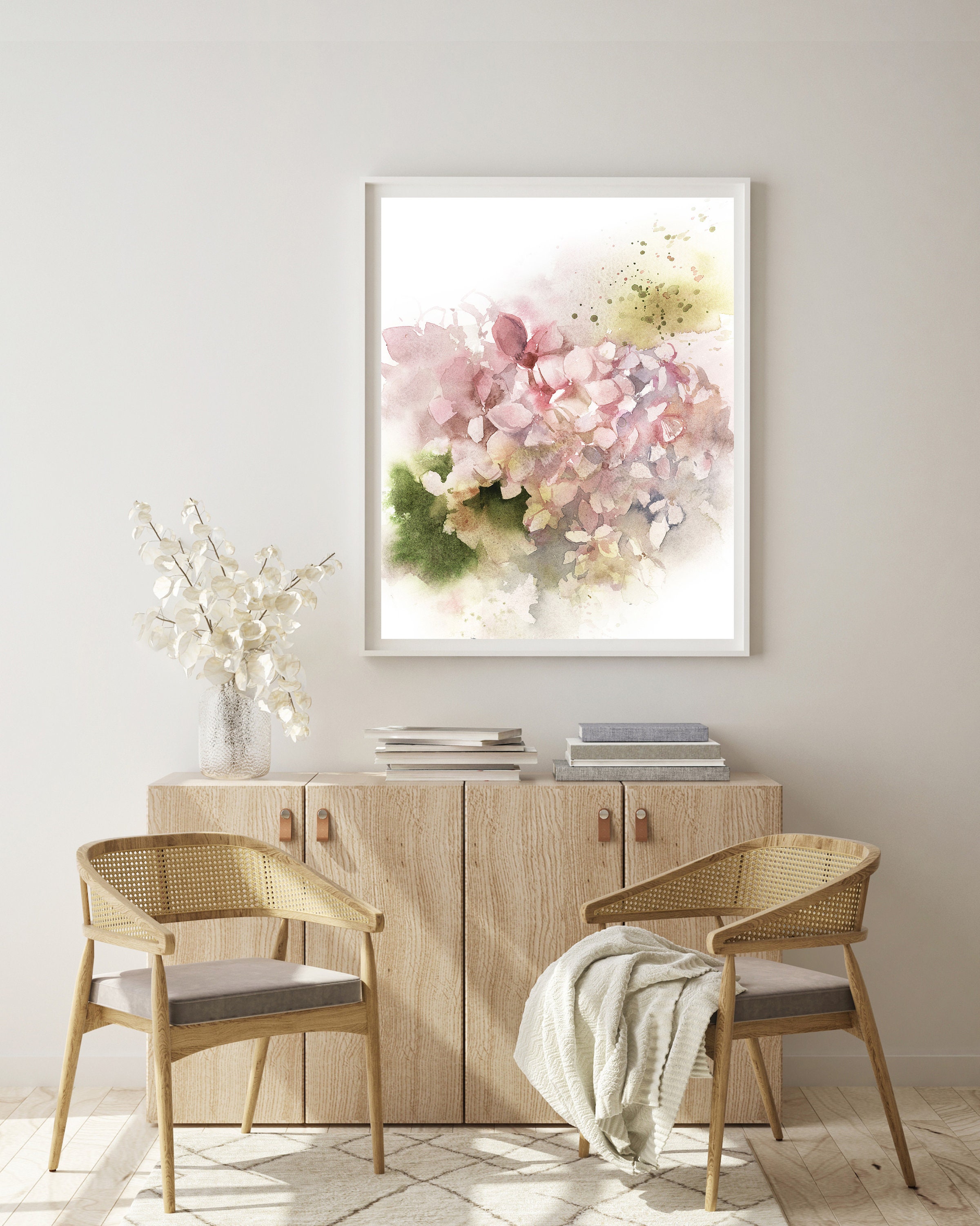 Hydrangea Painting Art Print Pink Green Flowers Watercolor | Etsy