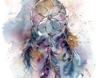 Dreamcatcher Fine Art Print in Purple and Turquoise Colors, Watercolor Painting Art