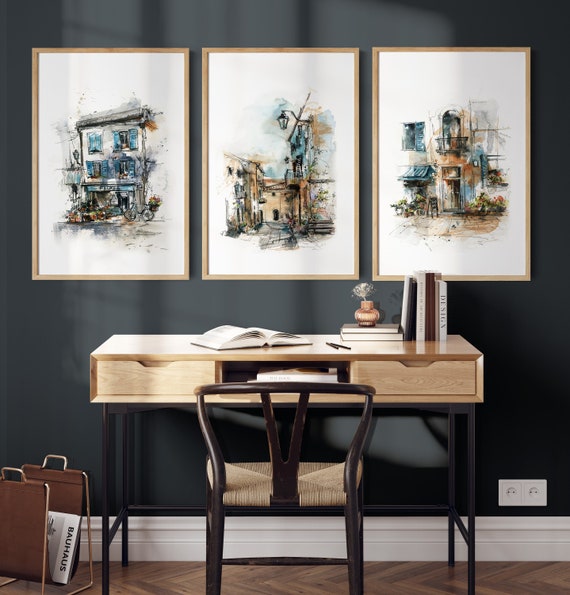 Italy Wall Art Gallery 3 Pieces Art Prints, Italian City Scene Paintings, Italian Architecture Houses Streets in Italy Travel Wall Decor