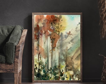 Autumnal Forest, Trees Watercolor Painting, Fall Nature Landscape Print, Abstract Nature Wall Decor, Nature Inspired Art, Farmhouse Wall Art