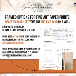 K&ouml;nnte beinhalten: Screenshot einer Etsy-Shop-Seite von CanotStopPrints, einem Kunststudio. Die Seite bewirbt gerahmte Kunstdrucke, die sofort aufgeh&auml;ngt werden k&ouml;nnen. Der Text fordert Kunden auf, diese Optionen im Bereich "FRAMED PAPER PRINTS" zu finden.