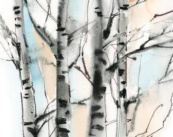 Aspen Trees Forest Watercolor Painting Fine Art Print, Abstract Nature Wall Decor