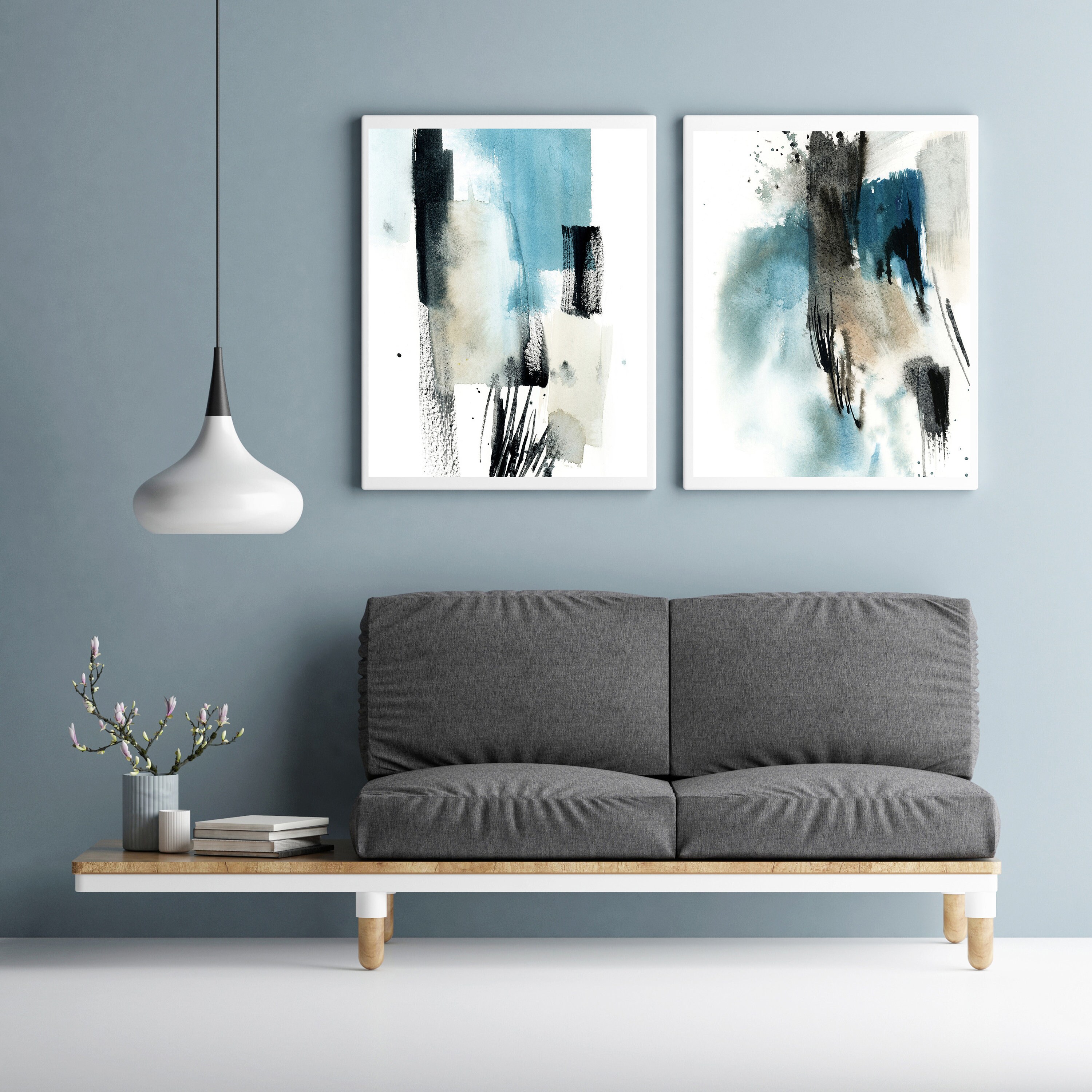 Abstract Painting in Teal Grey and Black Art Prints Set of 2 Etsy