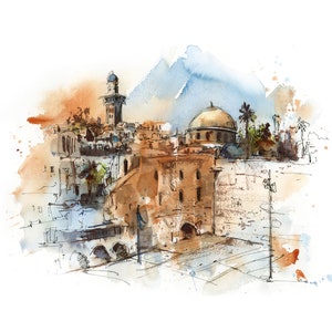 Jerusalem Wailing Fine Art Print, Israel Watercolor Painting, City Scene Wall Art, Architecture Travel Decor Holy Land Print