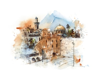 Jeruzalem geweeklaag Fine Art Print, Israël aquarel, stad scène kunst aan de muur, architectuur reizen decor Heilige Land print