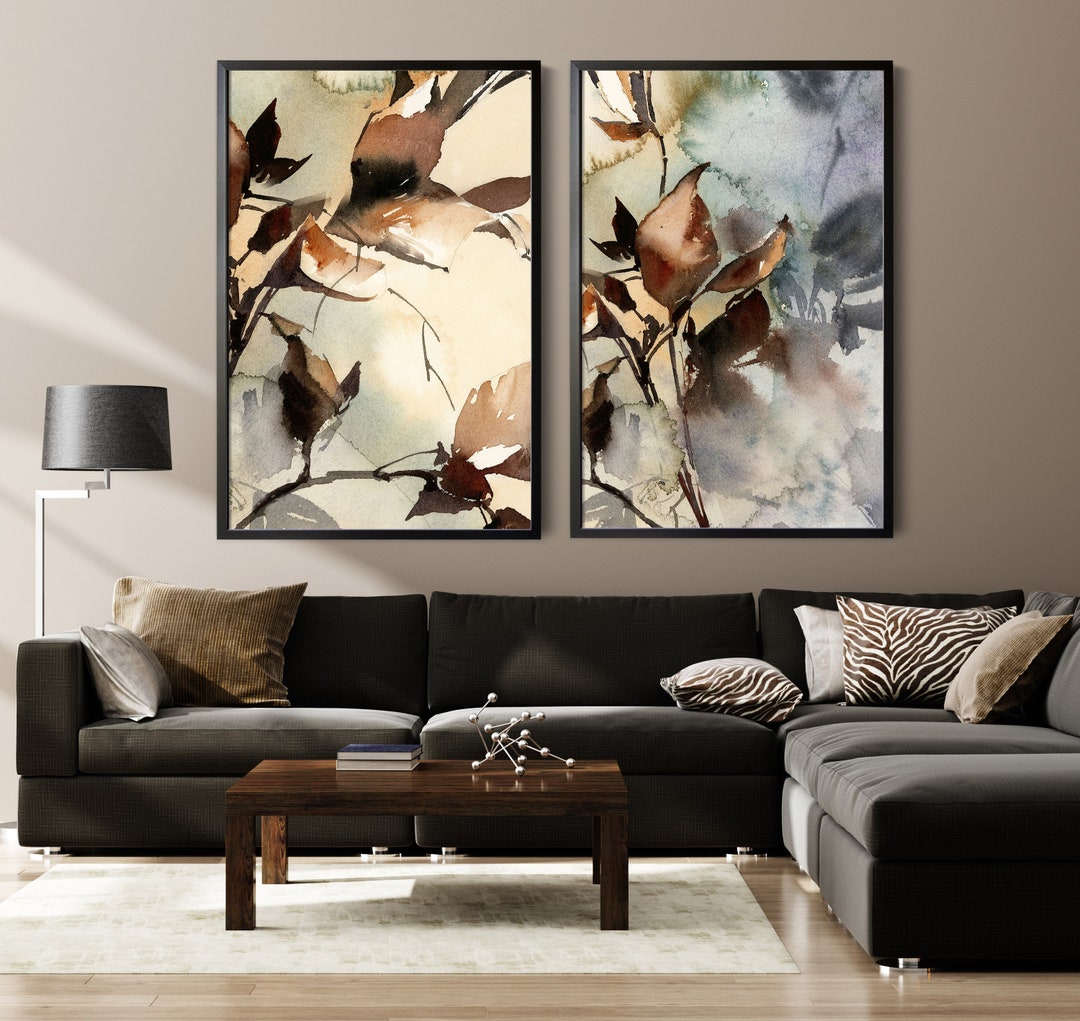 Earth Tones Autumnal Leaves Painting 2 Wall Gallery Prints Set, Semi