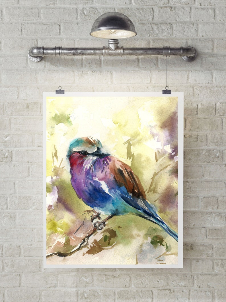 Lilac Tanager Art Print Poster of Bird Wall Fine Art Print Decor Kids Room Interior Art Colorful Bird Loose Style Watercolor Painting