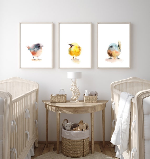 Minimalist Birds Art Prints Set of 3 Wall Decor, Cute Bird Watercolor Prints, Pastel Colors Bird Painting Art