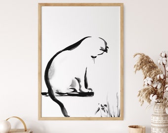 Impresión de arte de pintura de línea de gato lindo, impresión de gato minimalista en blanco y negro, arte de gato de línea, arte de pared de gato, pintura de gato lindo, arte de gato