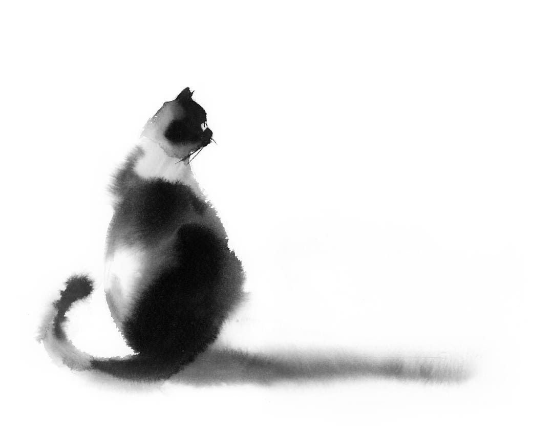 Black Cat Fine Art Print, Black and White Cat Watercolor Painting ...