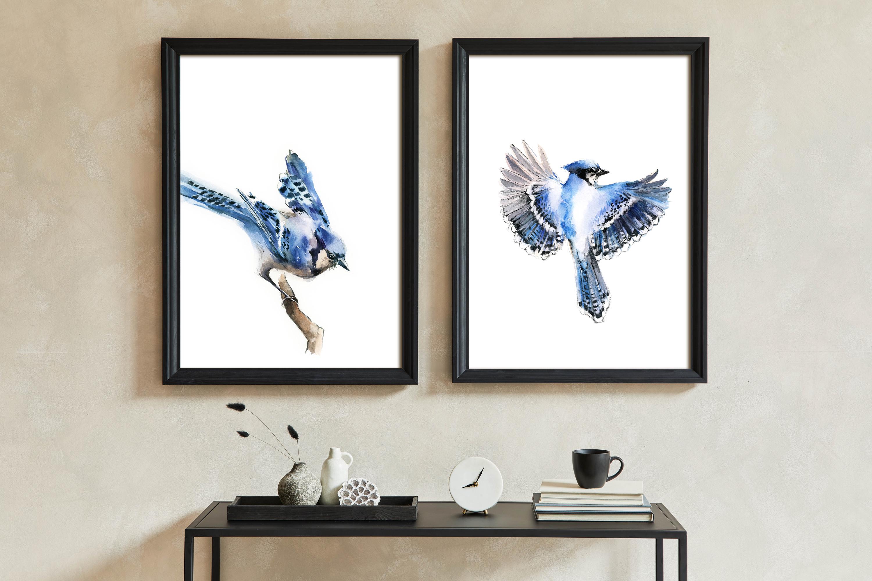 Jay R Prints Blue Jay Bird 2 Wall Prints Set, Watercolor Art, Blue Birds Paintings ...