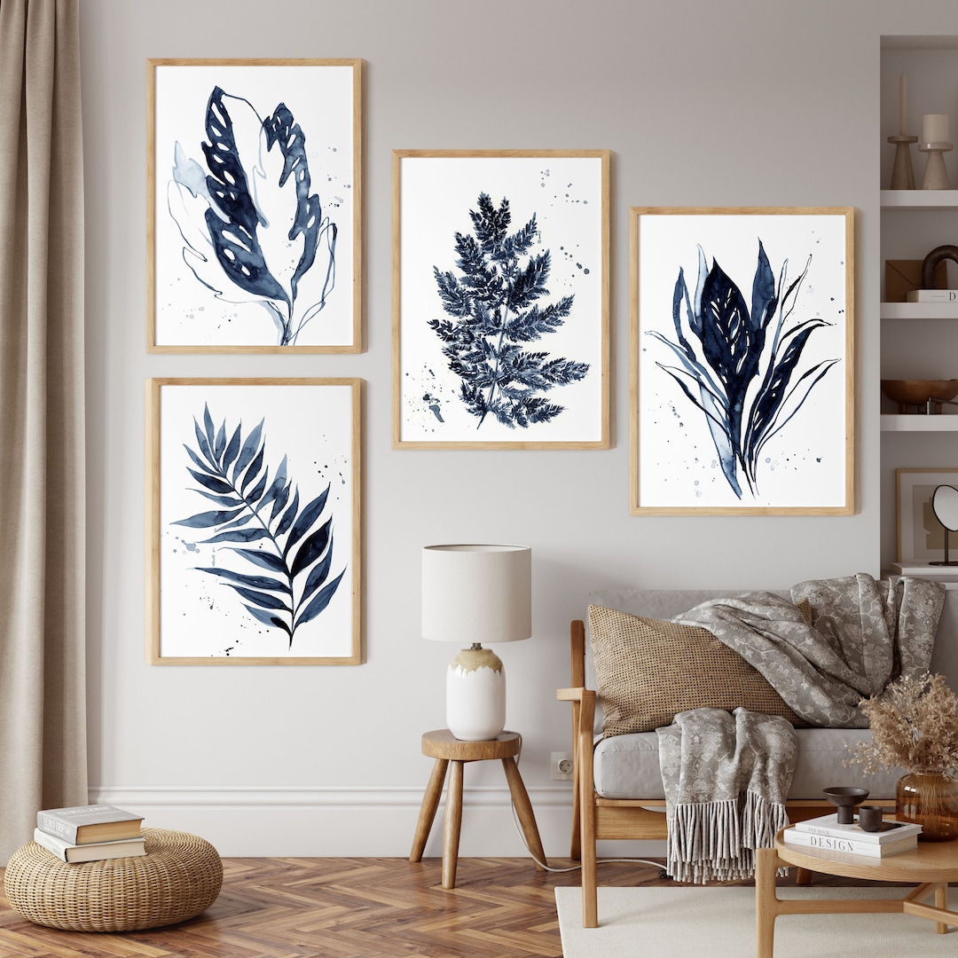 Navy Blue Leaves Set of 4 Prints, Watercolor Paintings, Plant Leaf ...